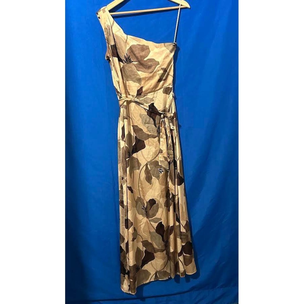 Nicole Miller New York One Shoulder Floral Maxi Dress Tan Brown Sz 6 Gala Brown